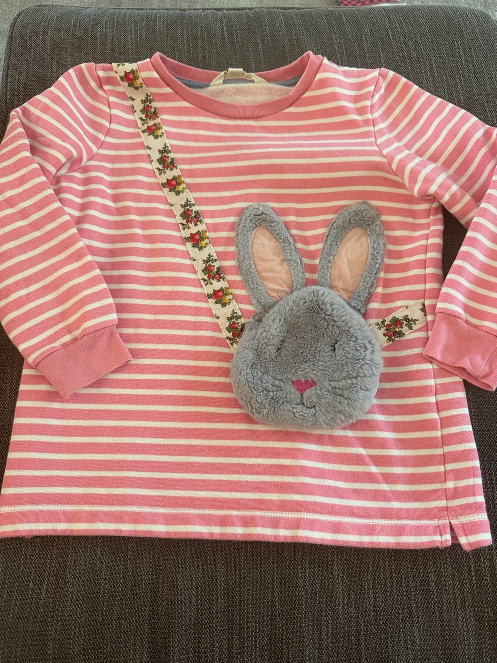 Pink Striped Mini Boden Kids Long-Sleeve Top with Bunny Pocket